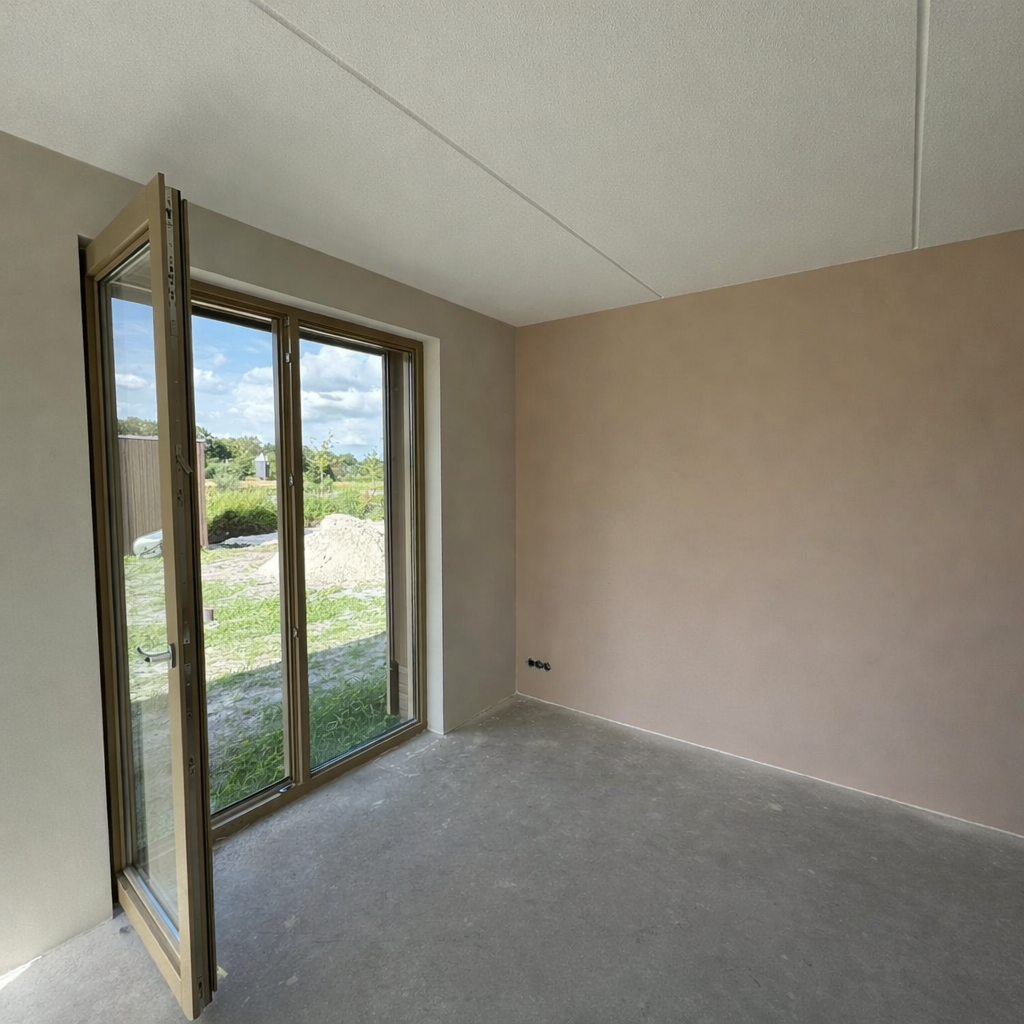 Lege nieuwbouwkamer met open deur na renovlies behandeling in Leek