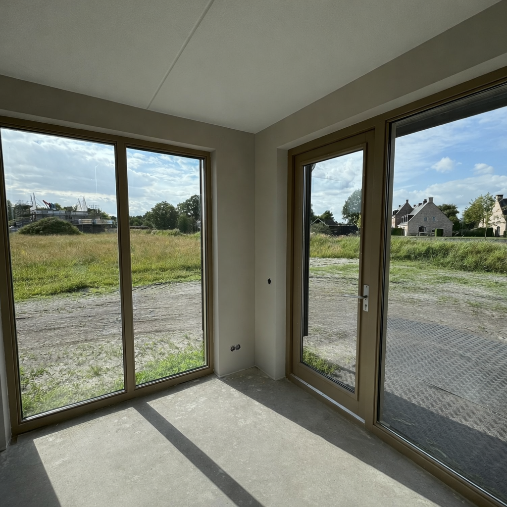 Afgewerkte nieuwbouwkamer met uitzicht op tuin na wandafwerking Leek